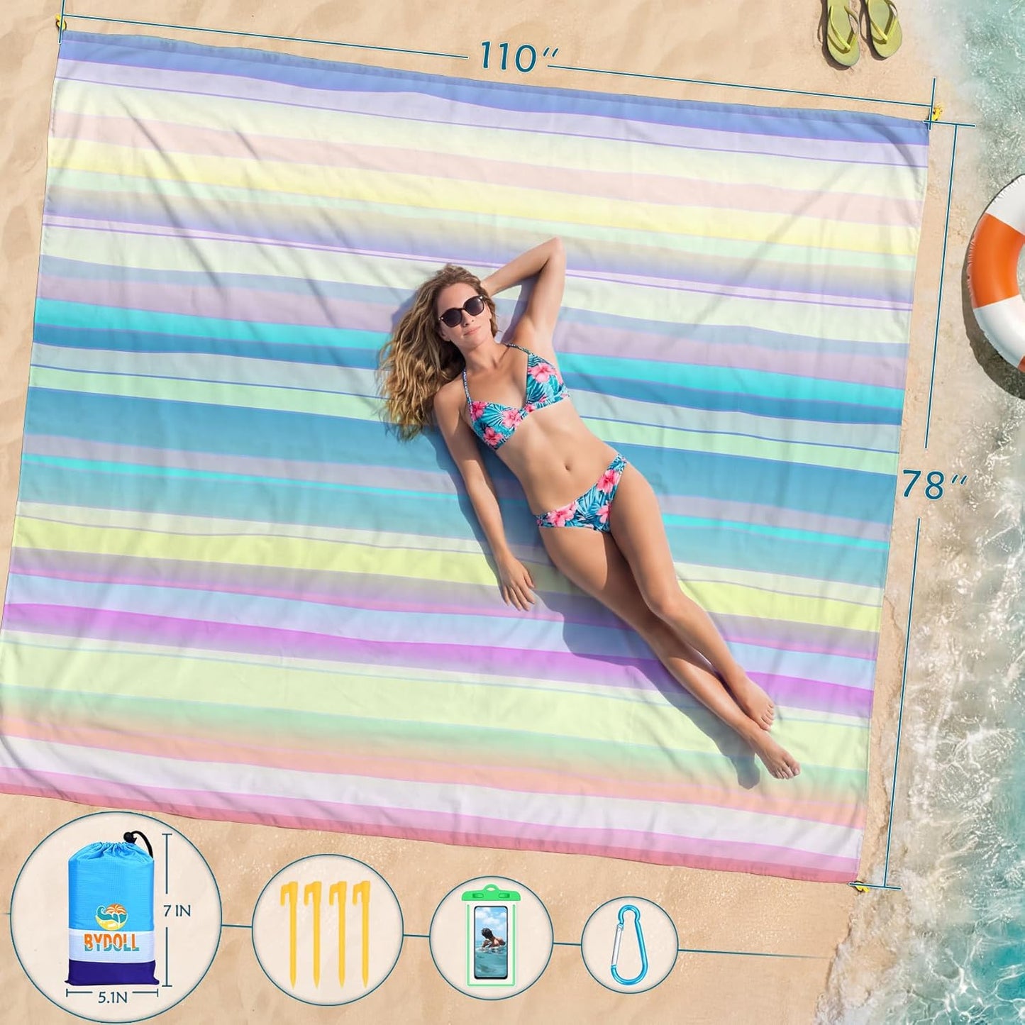 BYDOLL Beach Blanket Waterproof Sandproof Large Sand Free,78''X81''/10'X9' Oversized Sandless Lightweight Blanket Picnic Mat for Beach Travel Camping Hiking with Stakes
