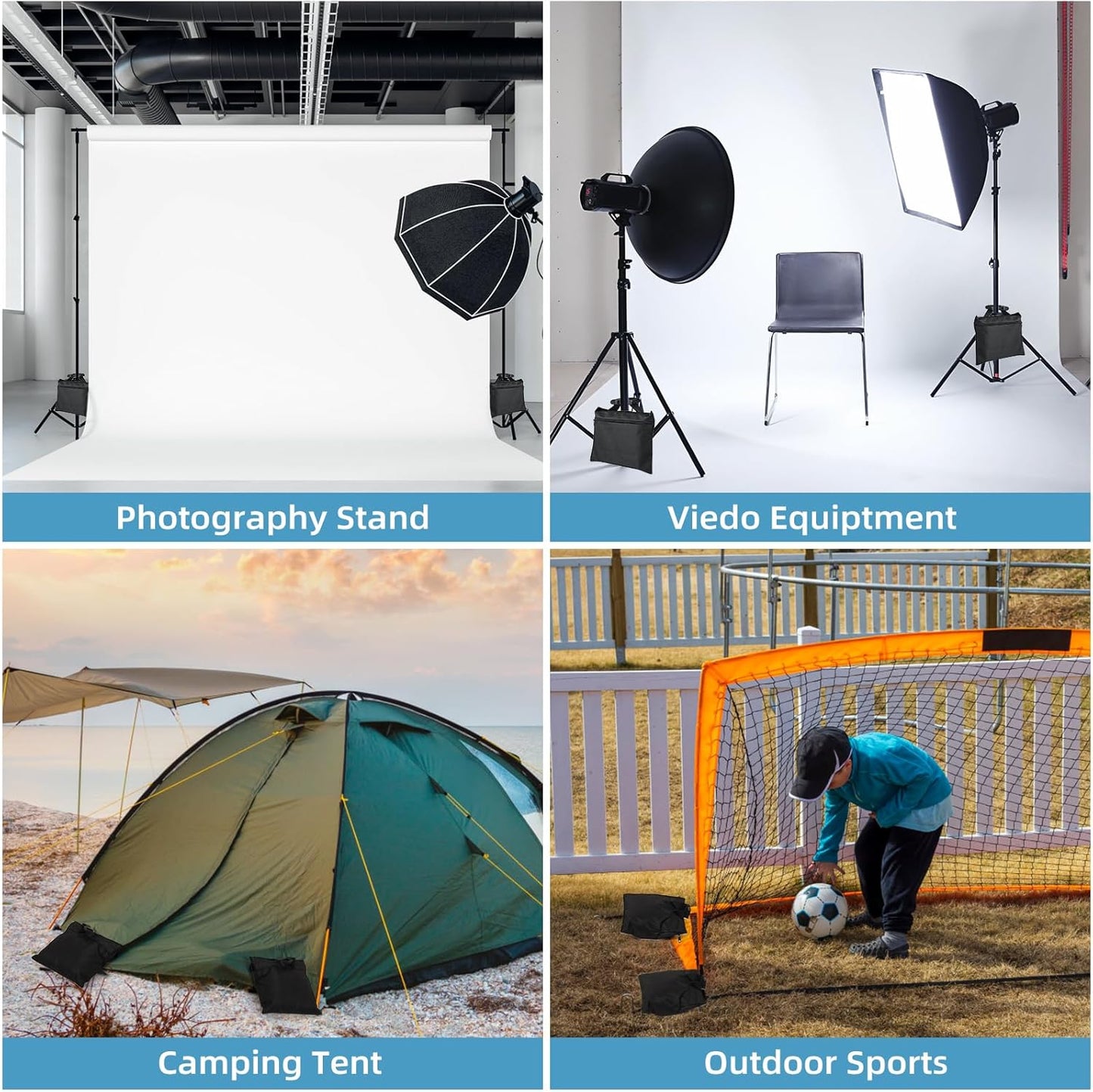 Sandbags 4 Packs with 4 PE Bags, Heavy Duty Sand Bags, Sand Bags for Weight with Zipper and Buckle Straps for Support Light Stand, More 2/4/6/8/10/12 Packs Sand Bag to Choose.