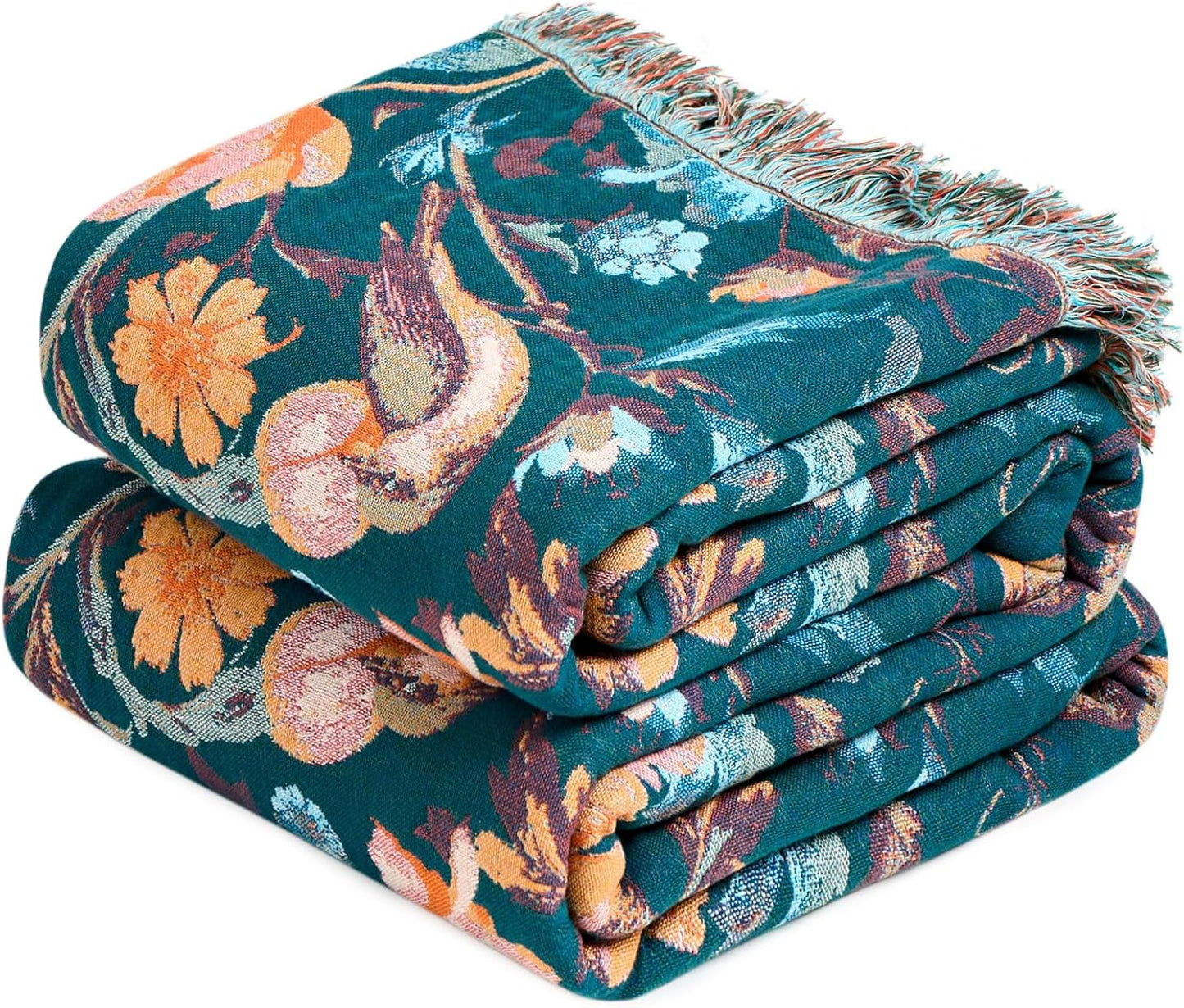 Boho Throw Blanket - 100% Cotton Soft Summer Throw Blanket for Bed, 50"x60" Reversible Breathable Lightweight Blankets, All Seasons Farmhouse Decor Floral Plant Butterfly Throw Quilt
