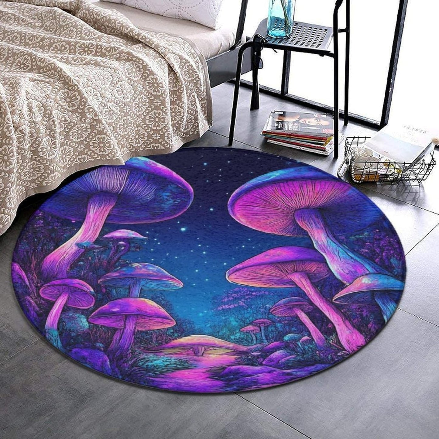 Machine Washable Modern Round Area Rug, Room Sofa Yoga Soft Round Carpet, Home Decor Non Slip Kitchen Office Circle Rug Trippy Rainbow Mushroom Tie Dye Art, 60inch