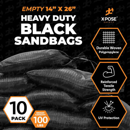 Xpose Safety Heavy Duty Sand Bags with Tie Strings – Empty Woven Polypropylene Sandbags for Hurricane Flood Protection, 100 lb Capacity, 14" x 26", Black, Pack of 10