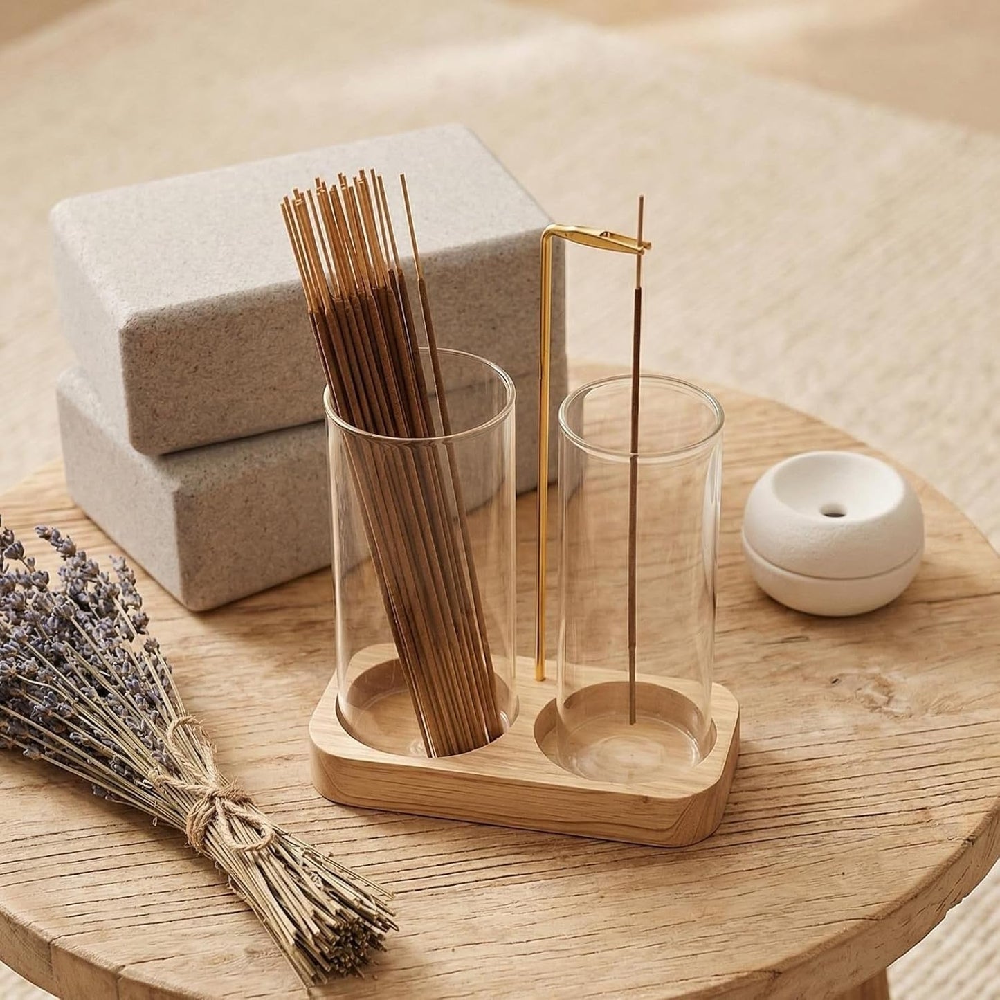 Incense Holder,Wooden Incense Holder for Sticks with 20 Incense Sticks, Anti-ash Incense Burner with Glass Ash Catcher for Meditation Yoga Spa Gift Home Decor