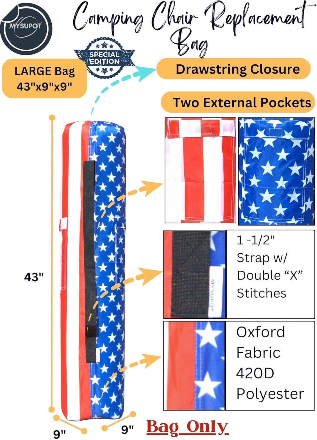 Replacement Bag for Folding Camping Chair, Portable Camp Chair, Hammock, Yoga Mat, Umbrella, Tents, Tripods, Fishing Poles - 420D Oxford Polyester Fabric