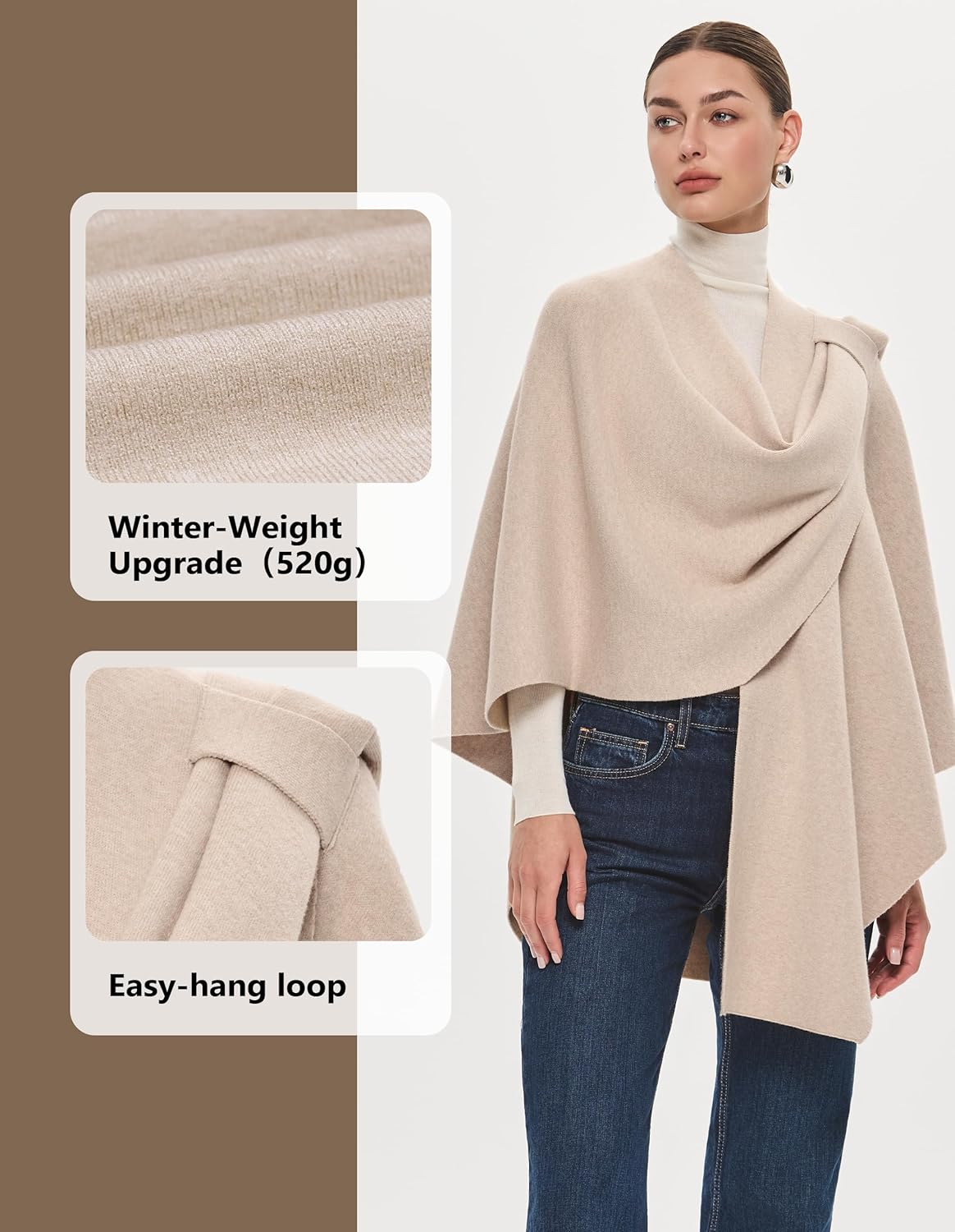 PULI Womens Large Cross Front Poncho Sweater Wrap Topper Knitted Elegant Shawls Cape for Fall Winter