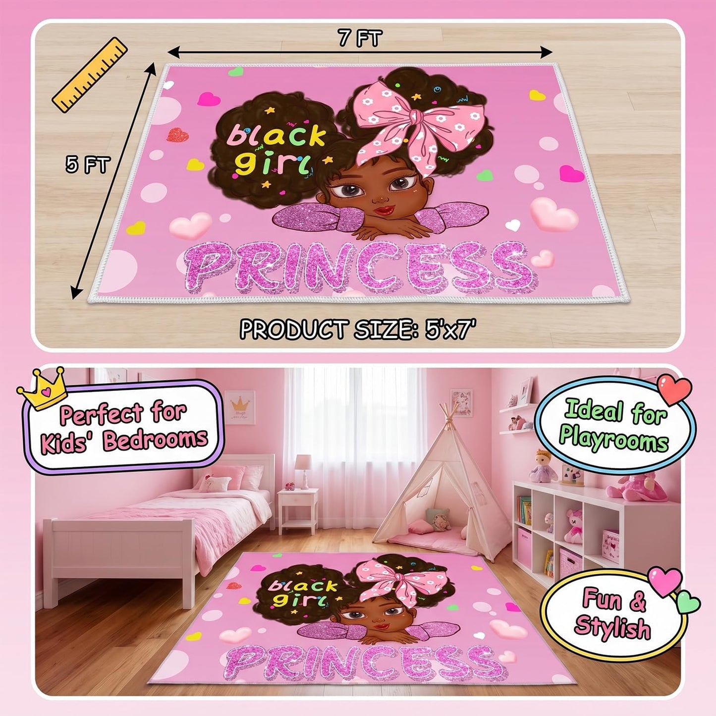 Black Girl Area Rug for Bedroom African American Rugs for Room Princess Carpet Kids Rugs for Bedroom African Girls Carpet for Living Room Teen Girls Yoga Mats, Pink, 4'×5'