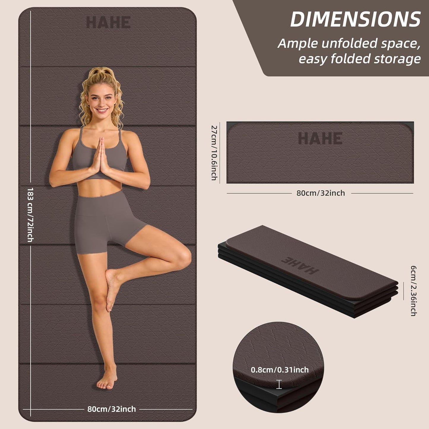 HAHE Foldable Yoga Exercise Mat, 74"Lx32"Wx1/3"Thick, TPE Multi-purpose Workout Mats with Non-slip Surface, Portable for Yoga/Pilates/Studio/Home Gym