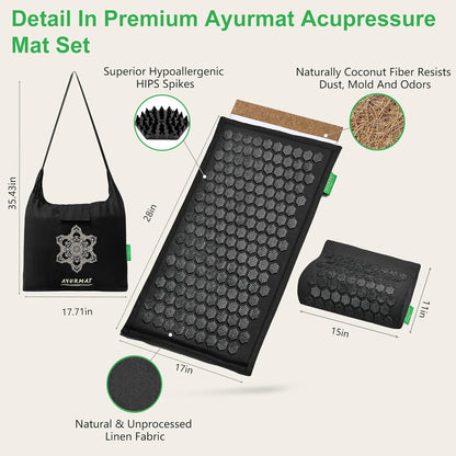 Acupressure Mat and Pillow Set - Full Body Pro Kit for Stress Relief, Muscle Relaxation & Pain Relief - Natural Eco-Friendly Linen & Coconut Fiber Mat - Includes Carrying Bag (Black)