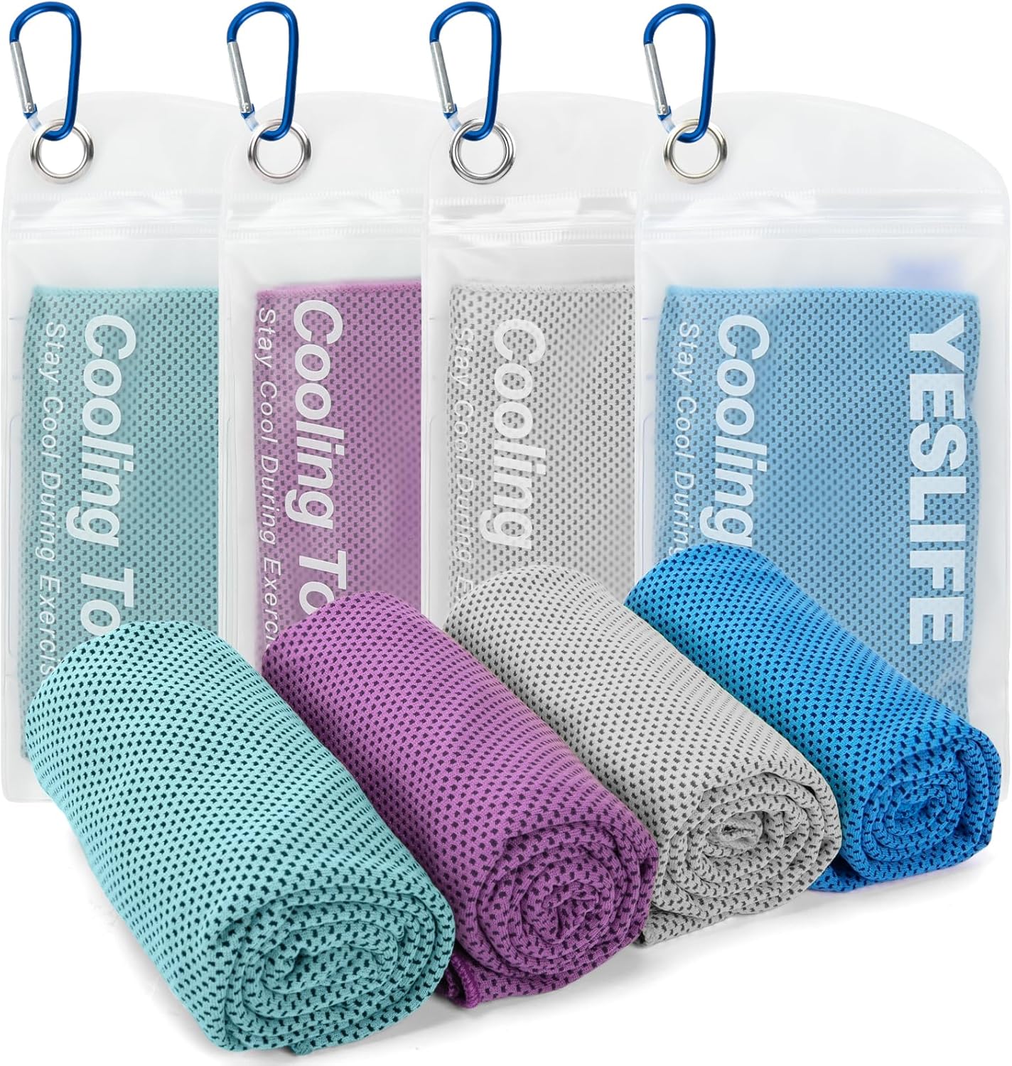 YESLIFE 4 Pack Cooling Towels 40"x12", Gym Towels for Men and Women, Soft Breathable Workout Towels for Yoga, Running, Sport, Workout, Camping, Fitness & More (Blue, Grey, Green, Pink)