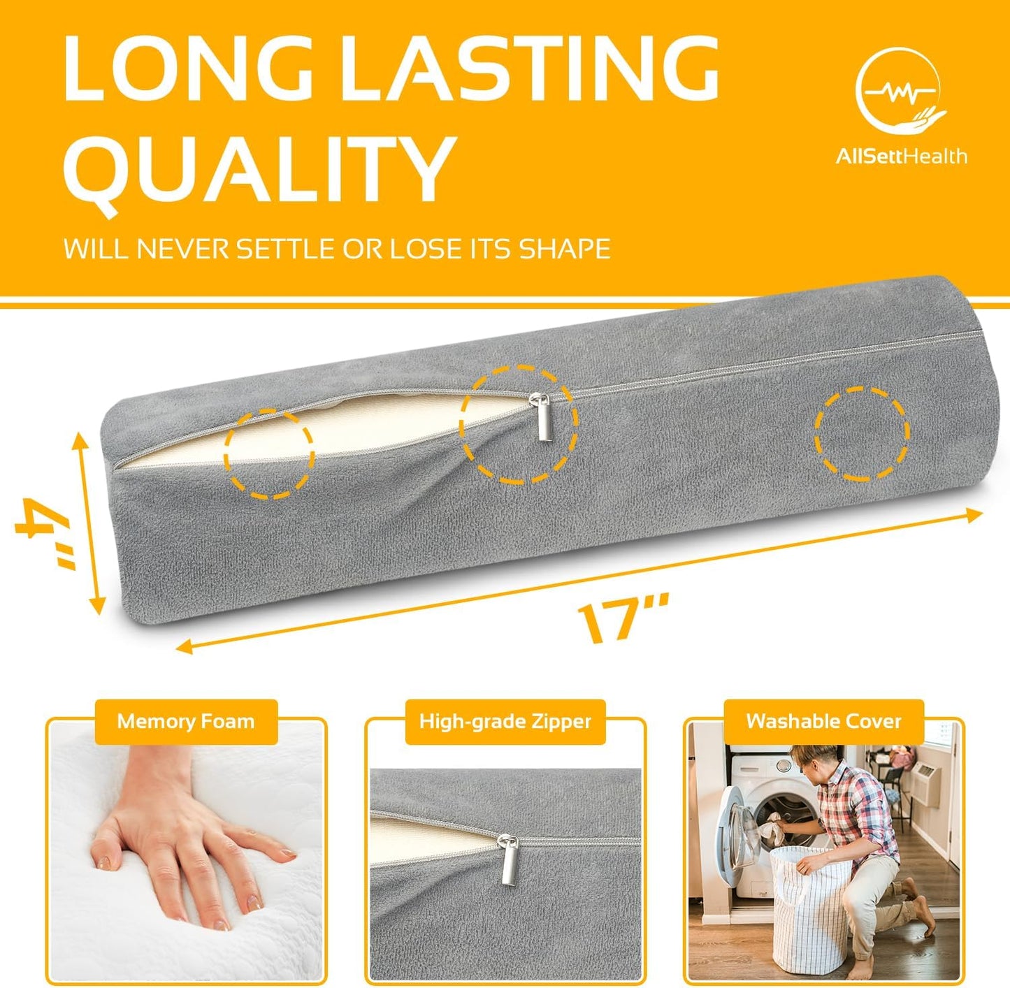 AllSett Health Round Cervical Roll Cylinder Bolster Pillow with Removable Washable Cover, Ergonomically Designed for Head, Neck, Back, and Legs, Grey | 13" X 5"