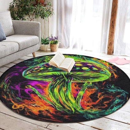 Machine Washable Modern Round Area Rug, Room Sofa Yoga Soft Round Carpet, Home Decor Non Slip Kitchen Office Circle Rug Trippy Rainbow Mushroom Tie Dye Art, 60inch