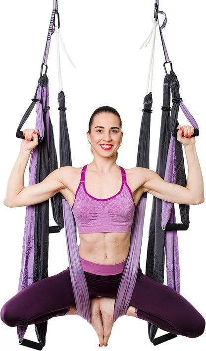 Aerial Yoga Swing Set - Yoga Hammock Hanging Swing - Aerial Sling Inversion Fly Kit - Acro Yoga Inversion Tool - Antigravity Toga Sling - Suspension Trapeze (Grey-Lilac)