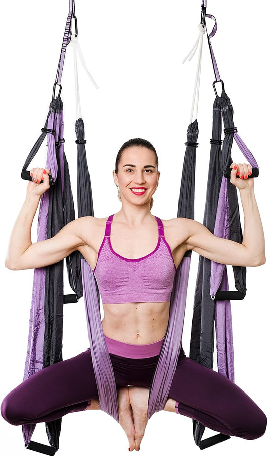Aerial Yoga Swing Set - Yoga Hammock Hanging Swing - Aerial Sling Inversion Fly Kit - Acro Yoga Inversion Tool - Antigravity Toga Sling - Suspension Trapeze (Grey-Lilac)