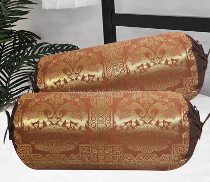Ethnic Living Room Decorative Bolster Tube Pillow Covers Cylindrical Brown Yoga Couch Round Cushion Cover Silk Double Elephant Throw Pillow Case 30x15 inch (76x38cm) - 2 Pc.