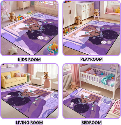 Black Girl Area Rug for Bedroom African Black Girls Floor Rugs for Living Room Playroom Cartoon Art Home Decor Soft Yoga Mats for Women Afro Purple 47" x 31" (2.7 x 3 Feet)