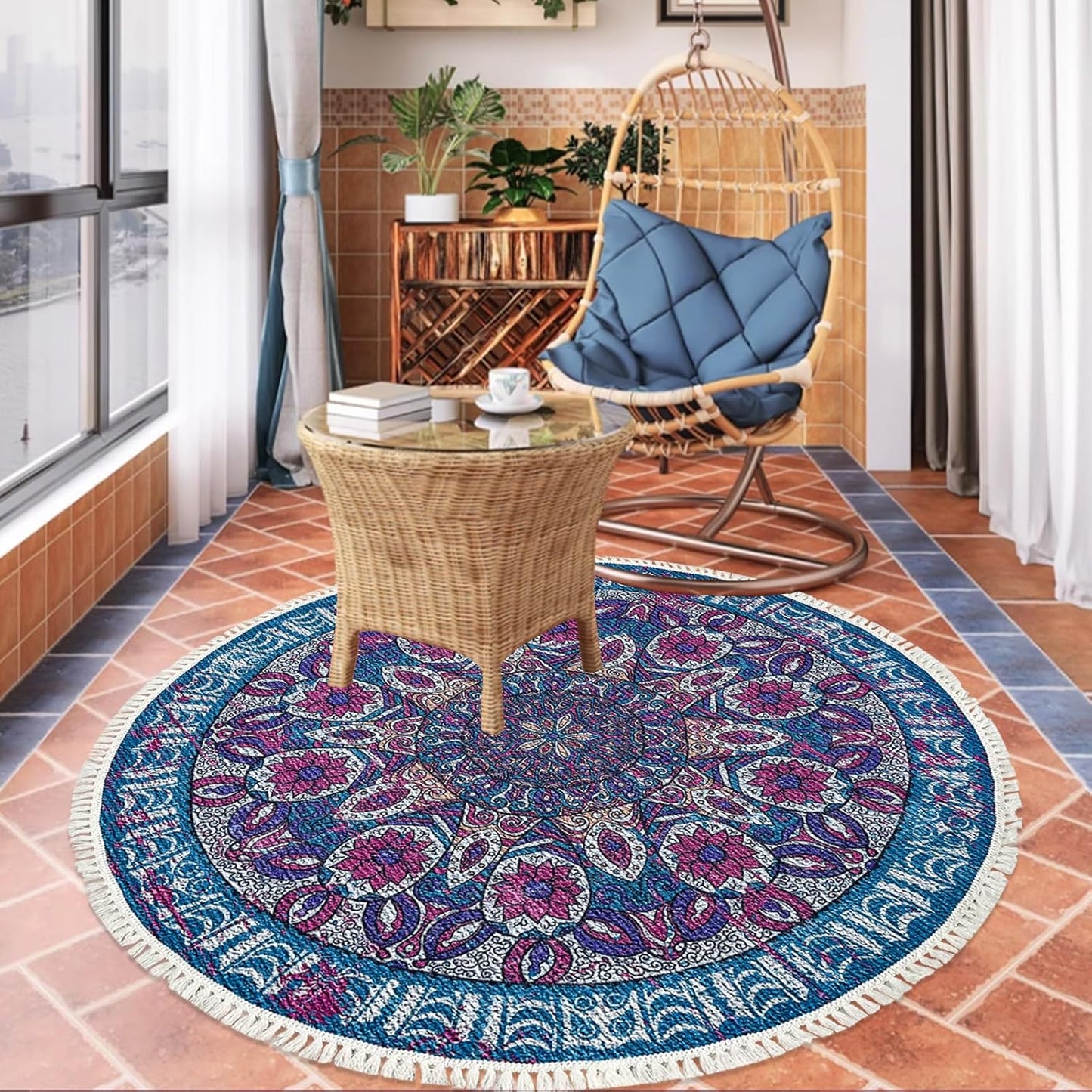 Boho Rug 5Ft Round Bedroom Carpet Circle Nonslip Farmhouse Area Rug Rustic Mandala Floor Mat for Living Room Locker Room Tassel Yoga Throw Rugs Washable Doormat, Purple