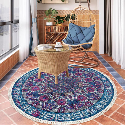 Boho Rug 5Ft Round Bedroom Carpet Circle Nonslip Farmhouse Area Rug Rustic Mandala Floor Mat for Living Room Locker Room Tassel Yoga Throw Rugs Washable Doormat, Purple