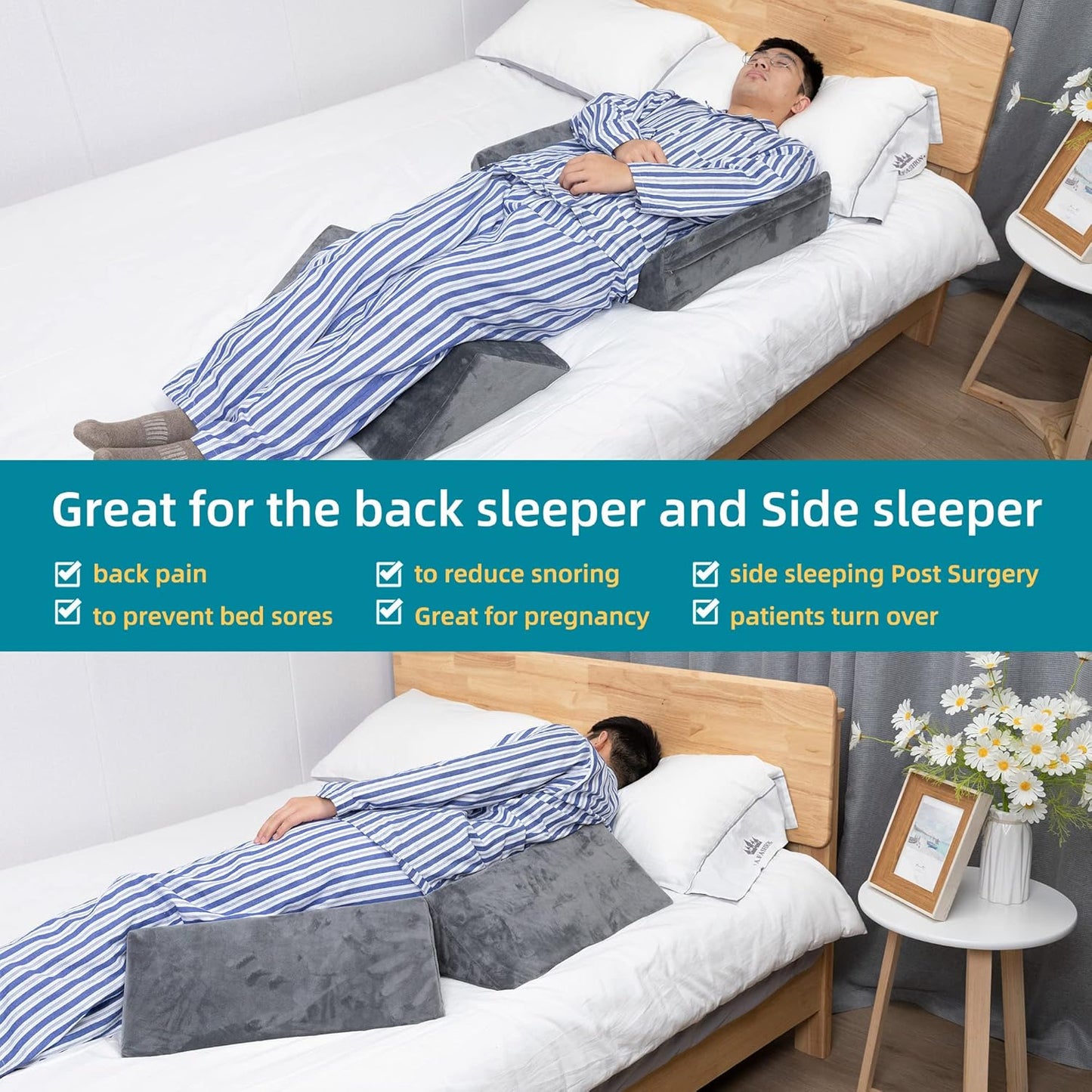 Fanwer Bed Wedges & Body Positioners (3 in 1), 40 Degree Wedges for Bed Positioning,Positioning Pillows for Elderly, Wedge Pillow for Bed Sores, Side Sleeping, After Surgery, Knees Elevated,Back Pain
