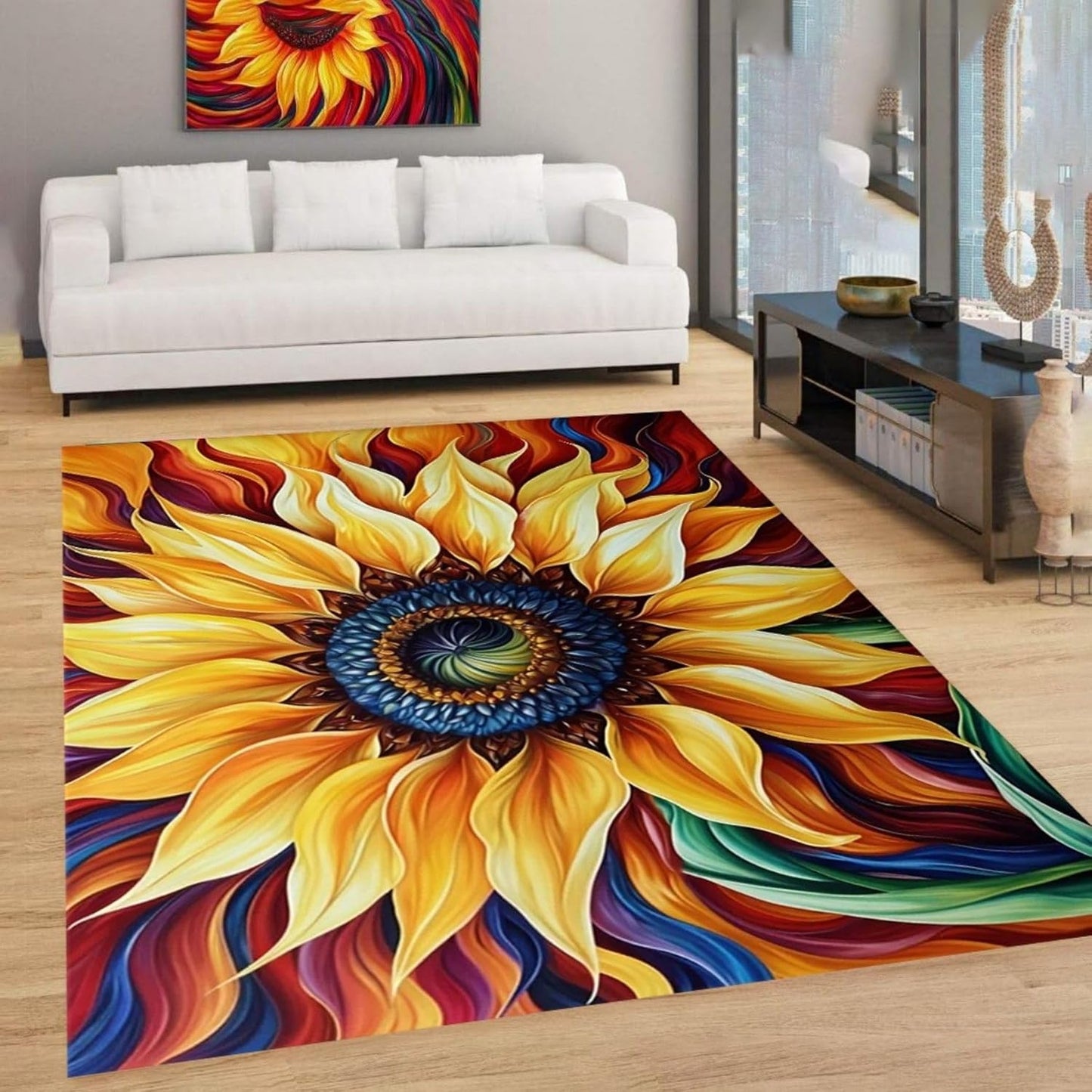 You are My Sunshine Sunflower Area Rug 6x8ft Beautiful Bee Butterfly Rug Indoor Low Pile Non-Shedding Carpet for Contemporary Retro Living Room Bedroom Yoga Mat Washable Non-Slip Rugs