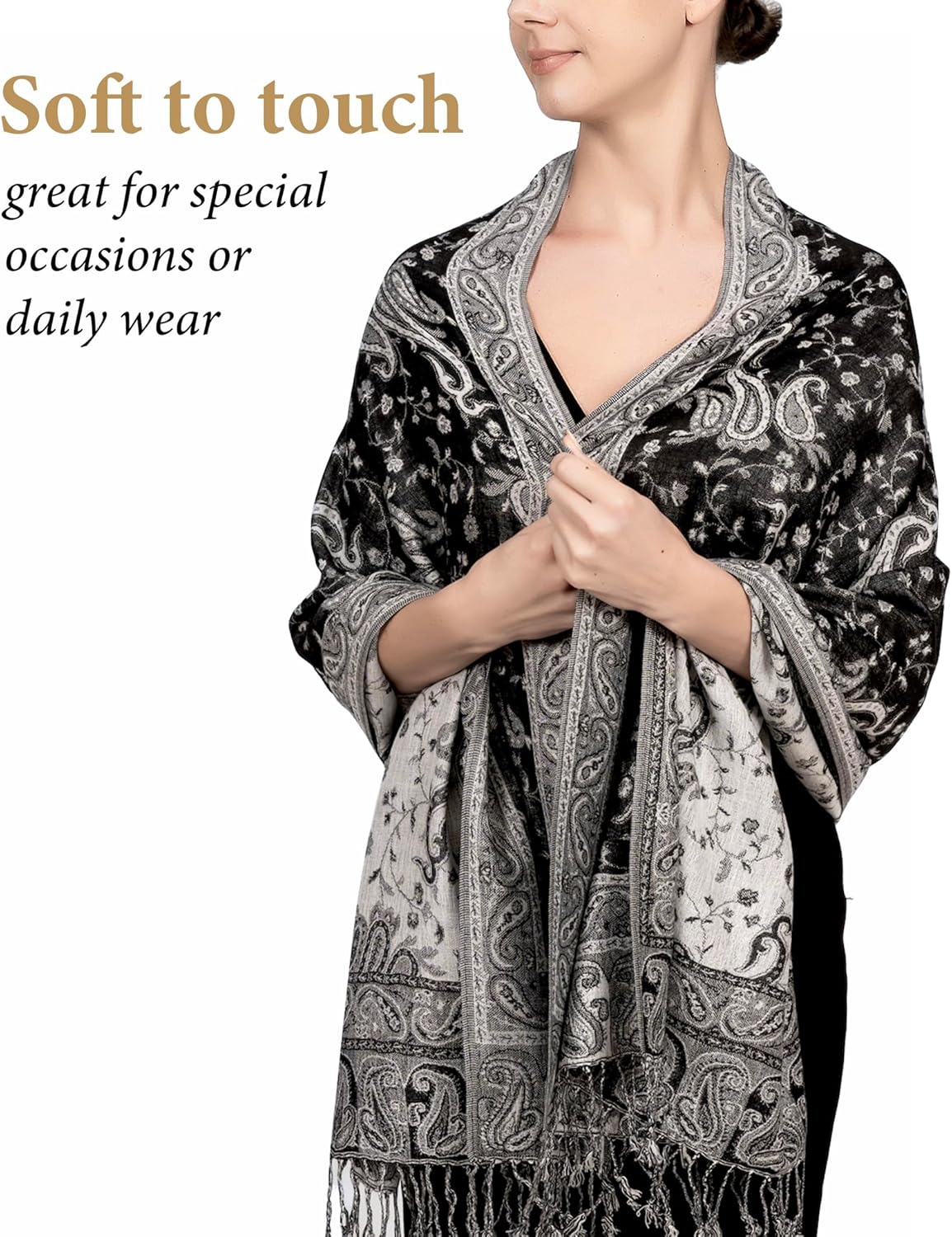Achillea Reversible Paisley Pashmina Rave Scarf – Exotic Indian Shawls and Wraps for Evening Dresses, Festivals, All Seasons - Colors B