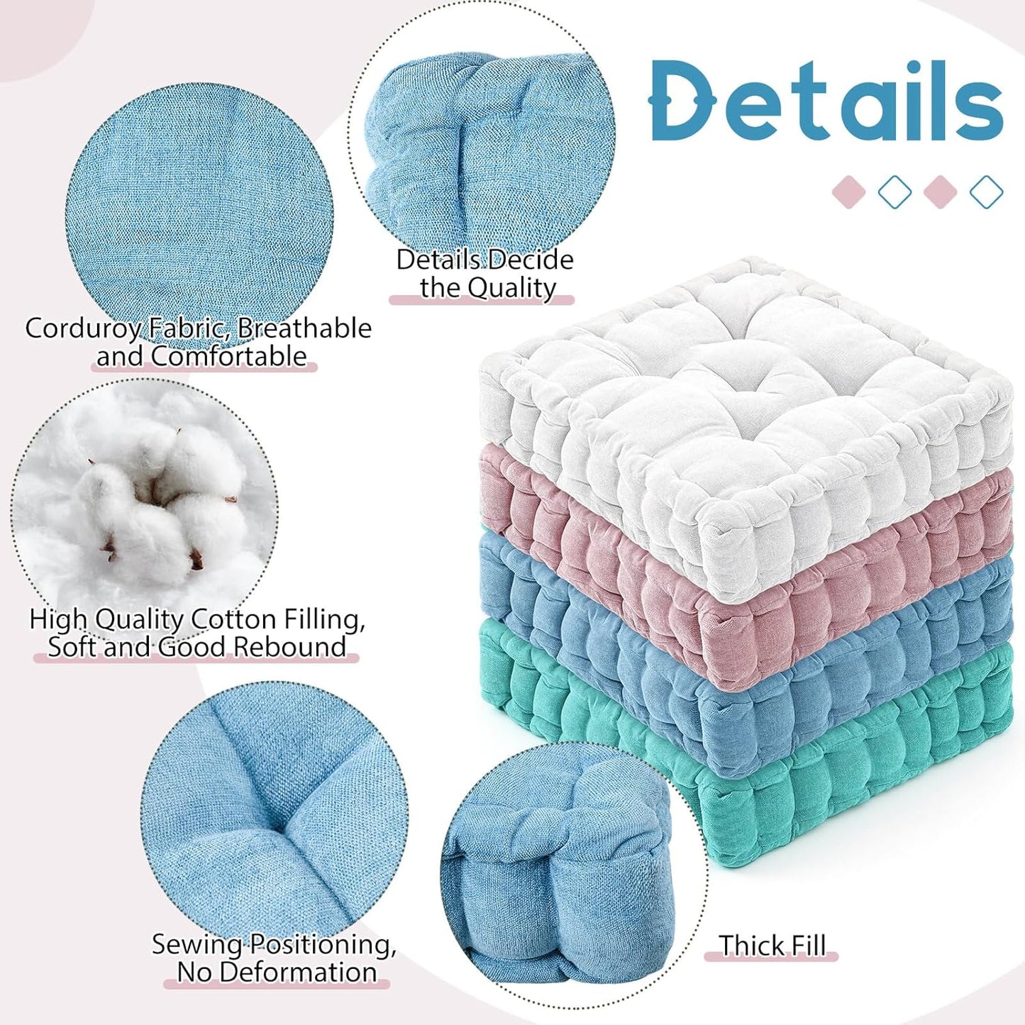 Jerify Floor Pillow Cushions Large Round Square Large Meditation Floor Pillow for Classroom Adult Meditation Picnic Party Seating Learning Daycare School(Square,Mixed Colors,4 Pcs)