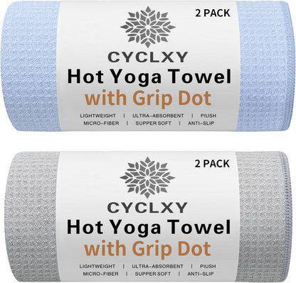 2 Pack Hot Yoga Towel with Grip Dot，Stickyfiber Yoga Mat Towels Non Slip for Hot Yoga,Absorbent Microfiber Sweat Anti-Slip Cover,Bikram,Pilates,Exercise,Fitness