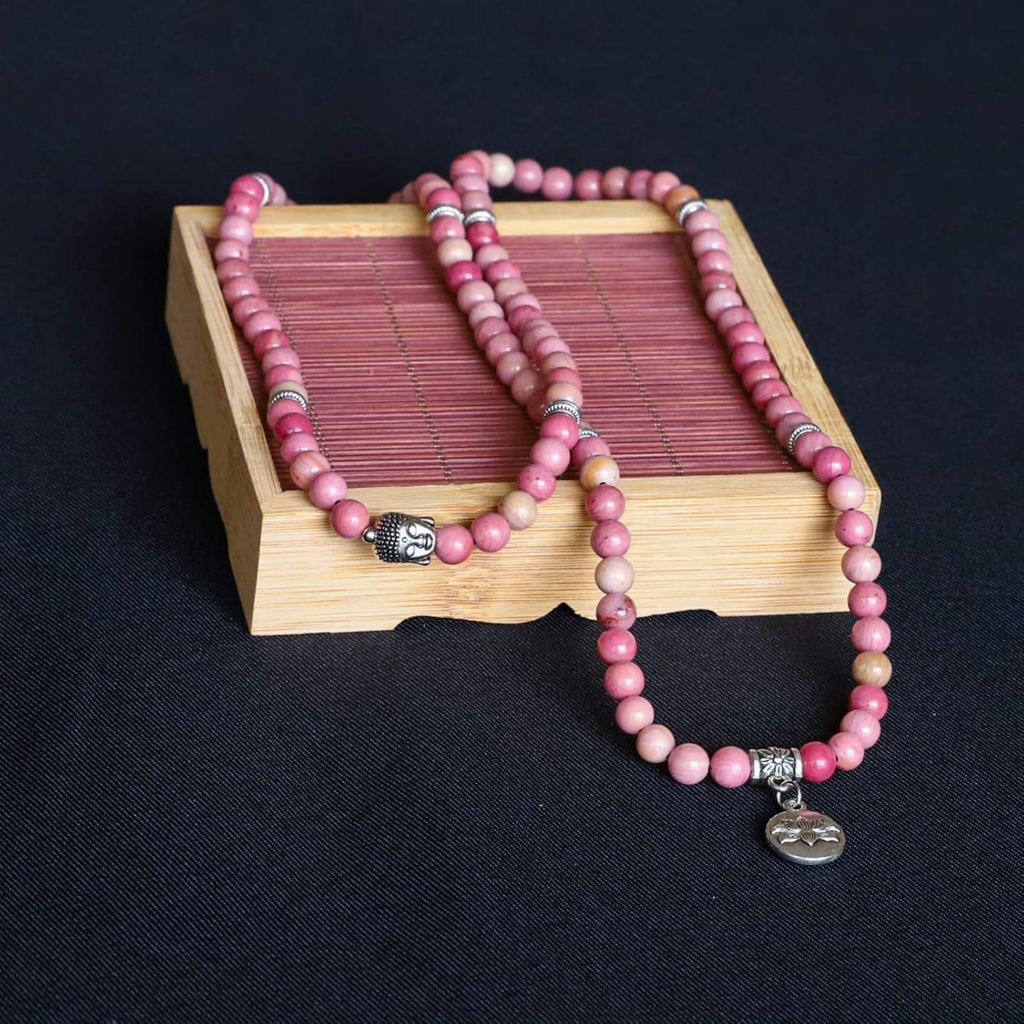 Bivei 108 Mala Beads Necklace Long Beaded Wrap Bracelets Genuine Gemstone Mala Prayer Beads Lotus Buddha Charm Yoga Meditation Necklace