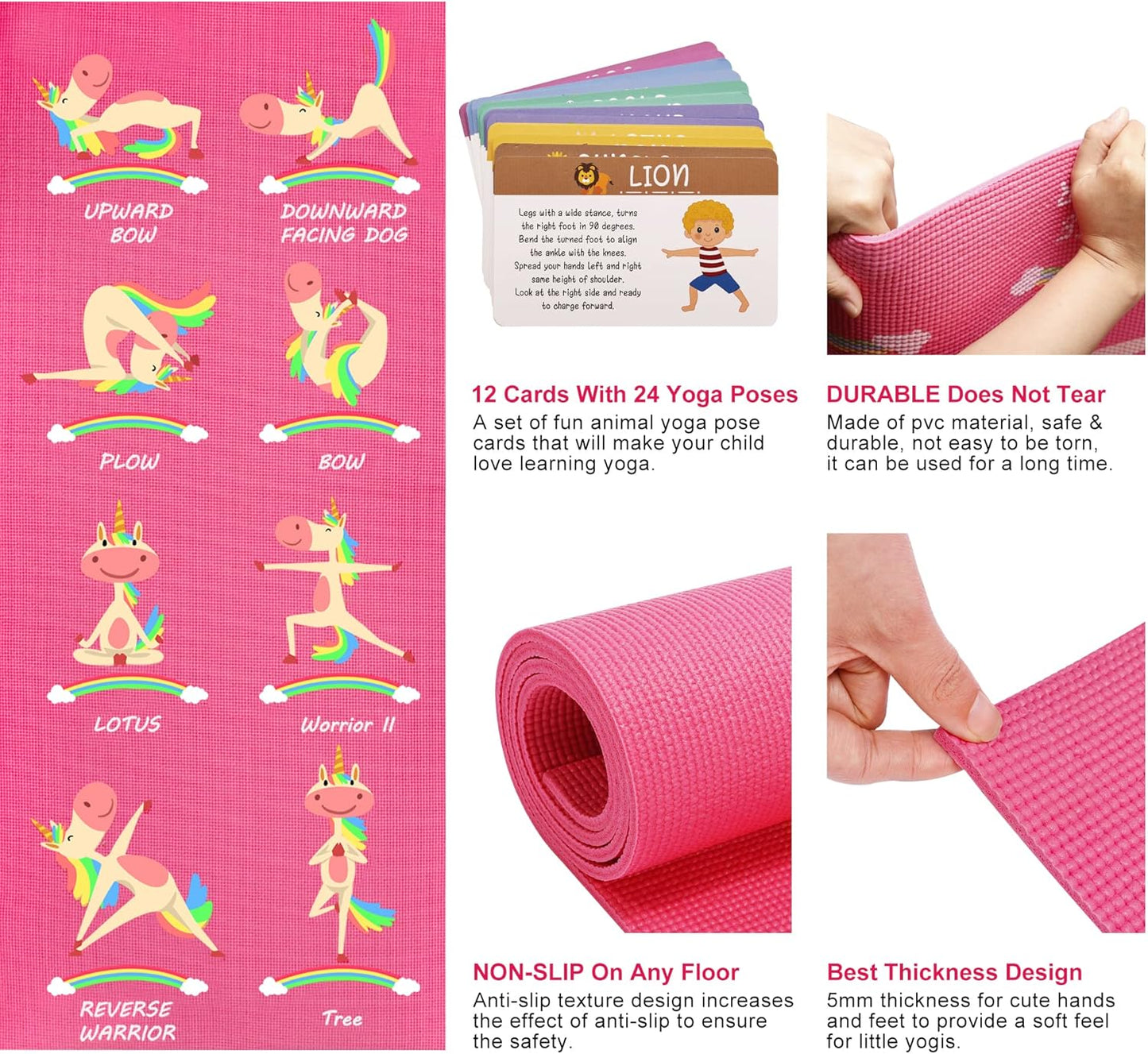 Garybank Kids Yoga Mat Set - Non-slip Exercise Mats with Fun Prints - 12 Yoga Cards - Carrier Bag - Odor Free Non-Toxic, Cute Yoga Mat for Girls & Boys (60 X 24 X 0.2 Inch)