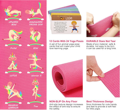 Garybank Kids Yoga Mat Set - Non-slip Exercise Mats with Fun Prints - 12 Yoga Cards - Carrier Bag - Odor Free Non-Toxic, Cute Yoga Mat for Girls & Boys (60 X 24 X 0.2 Inch)