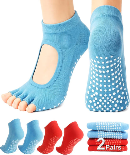 1/2 Pairs Pilates Socks with Grips for Women Non Slip Yoga Barre Grippy Gripper Socks Woman Toe Socks Size 5.5-8.5