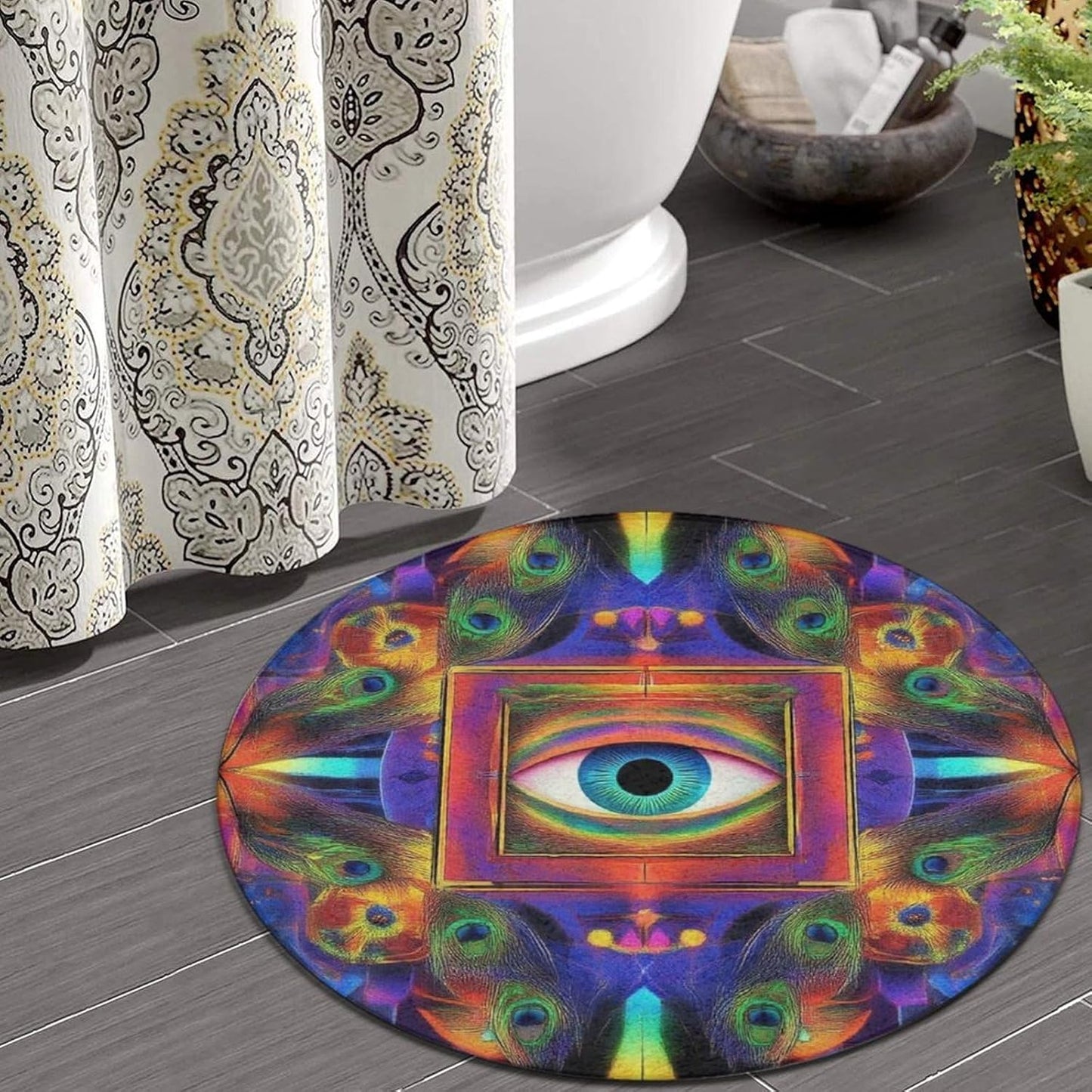 Machine Washable Modern Round Area Rug, Room Sofa Yoga Soft Round Carpet, Home Decor Non Slip Kitchen Office Circle Rug Trippy Rainbow Mushroom Tie Dye Art, 60inch