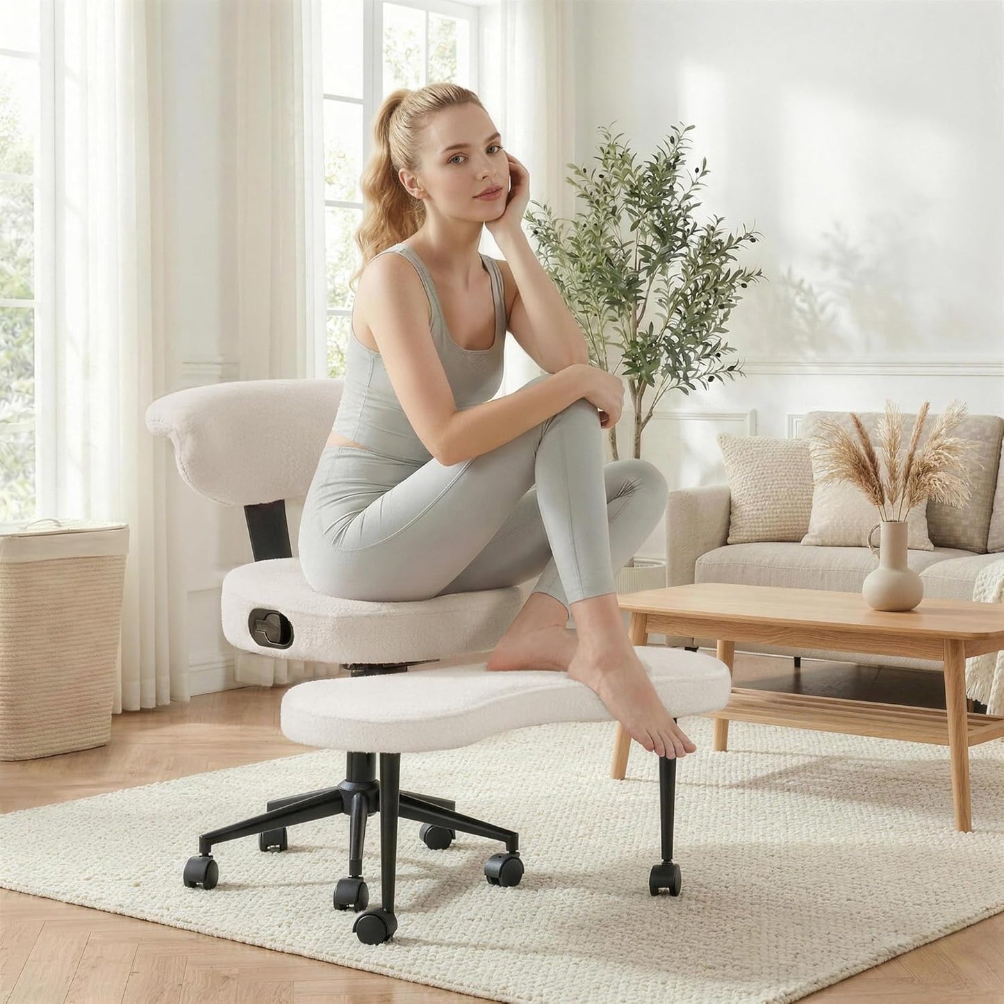 Garvee Ergonomic Cross Legged Office Chair with Lumbar Support, 360° Swivel Meditation Chair with Wheels - Adjustable Height for ADHD Desk & Yoga, Wide Criss Cross Chair, Kneeling Chair for Home, Pink