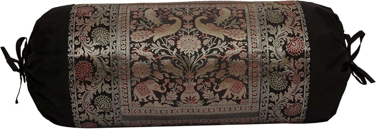 Ethnic Jacquard Brocade Silk Bolster Yoga Rectangular Pillowcase Cover Cylindrical Hotdog Black Tubular Living Room Decorative Elephant Indian Throw Pillowcase 76x38 cm - Set of 2 Pcs
