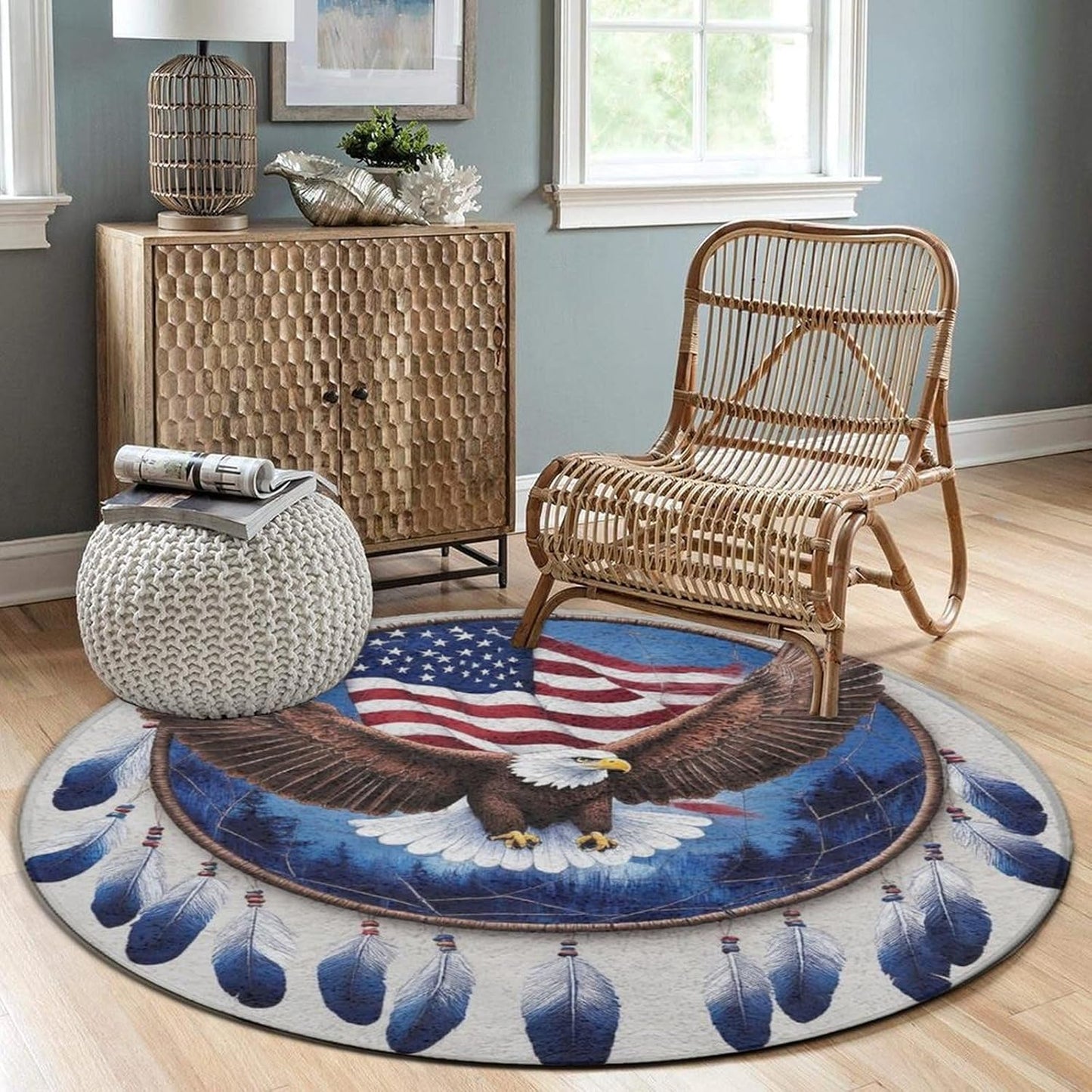 Machine Washable Modern Round Area Rug, Room Sofa Yoga Soft Round Carpet, Home Decor Non Slip Kitchen Office Circle Rug Union Jack Flag UK Mandala Art, 60inch