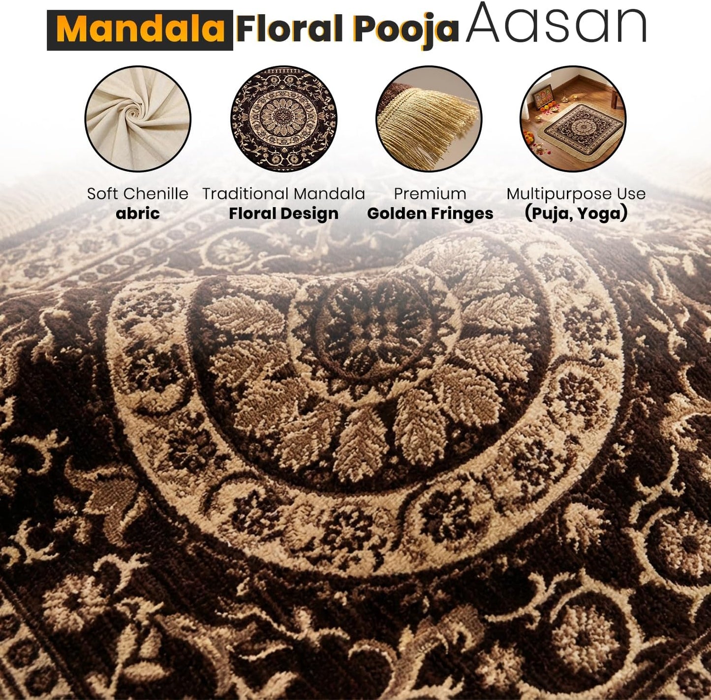 Soft Chenille Prayer Mat | Traditional Mandala Floral Pooja Aasan with Golden Fringes | Multipurpose Square Rug for Meditation, Yoga, Puja Room & Home (Red, 2x2 Feet)
