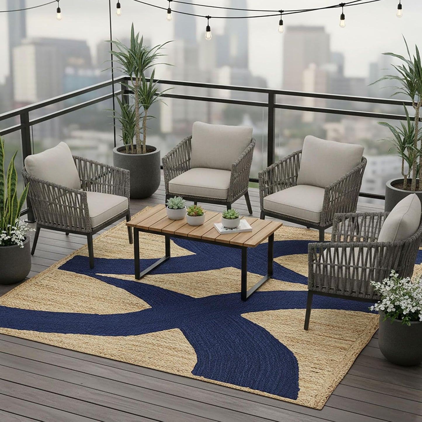 Premium Quality Jute Rug 4x6 Feet Area Rug Natural Fiber Jute Rugs Thick 0.27" Black Abstract Pattern Geometric Rugs for Kids Room, Living Room, Yoga Mat, Indoor Outdoor Carpet - Colors A
