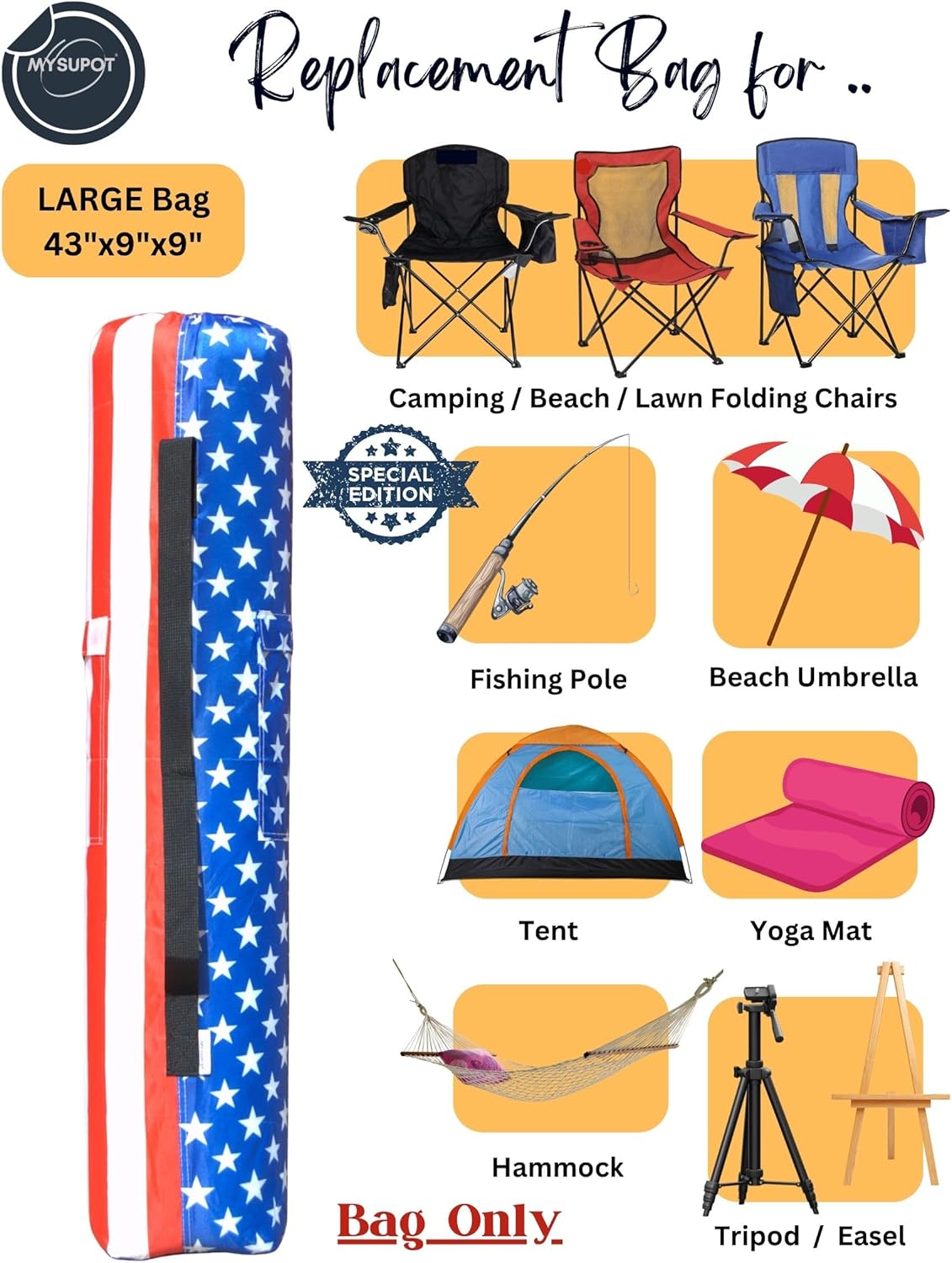 Replacement Bag for Folding Camping Chair, Portable Camp Chair, Hammock, Yoga Mat, Umbrella, Tents, Tripods, Fishing Poles - 420D Oxford Polyester Fabric