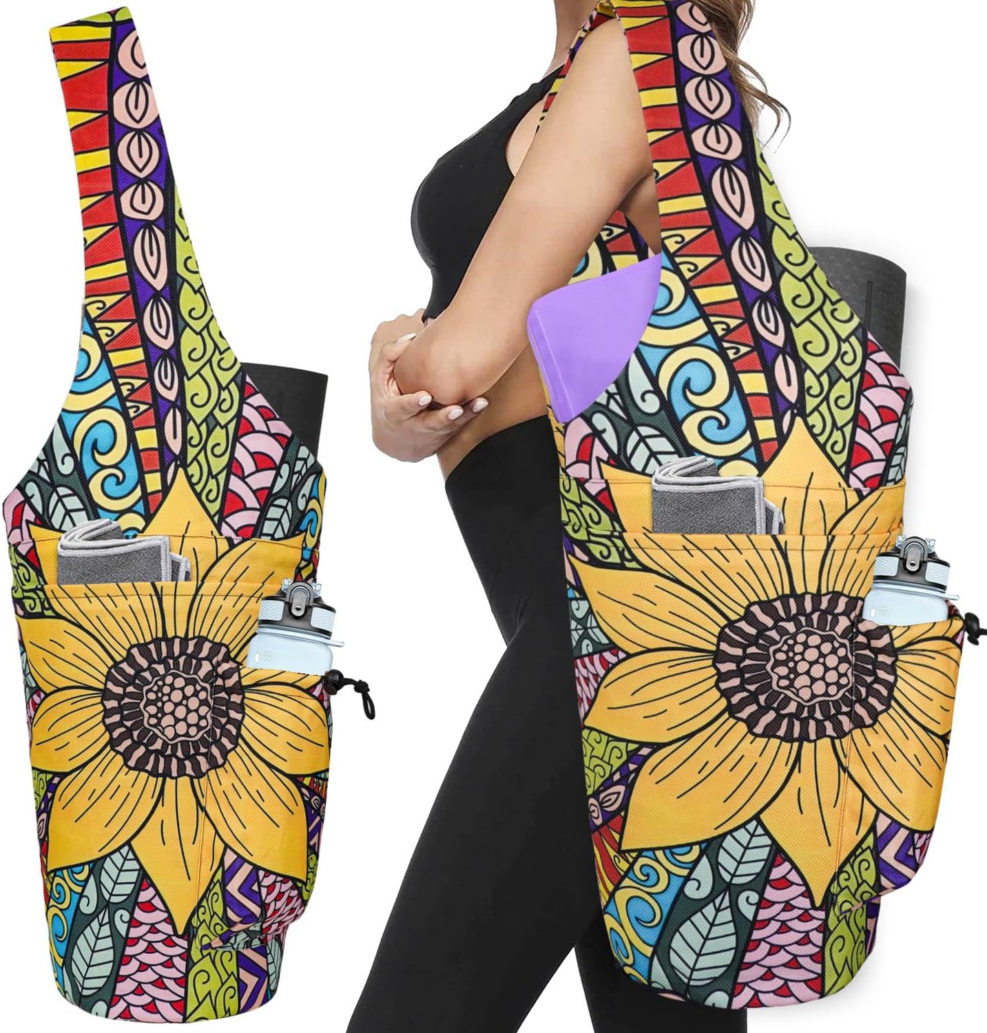 Yoga Mat Bag - Large Opening Long Tote Yoga Mat Carrier Holder Bag with Waterproof Wet Zipper Pocket and Drawstring Water Bottle Pocket - Yoga Bag Fit Most Size Mats