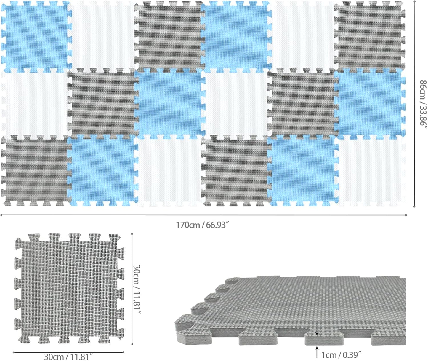 qqpp EVA Rubber 18 Tiles Interlocking Puzzle Foam Floor Mats - Baby Play Mat for Playing | Exercise Mat for Home Workout. White, Pink, Gray. QC-ACLb18N
