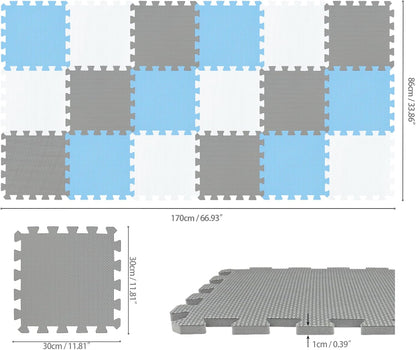 qqpp EVA Rubber 18 Tiles Interlocking Puzzle Foam Floor Mats - Baby Play Mat for Playing | Exercise Mat for Home Workout. White, Pink, Gray. QC-ACLb18N