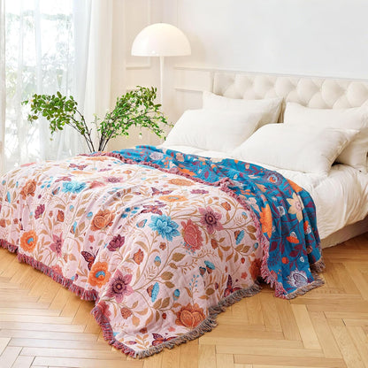 Boho Throw Blanket - 100% Cotton Soft Summer Throw Blanket for Bed, 50"x60" Reversible Breathable Lightweight Blankets, All Seasons Farmhouse Decor Floral Plant Butterfly Throw Quilt