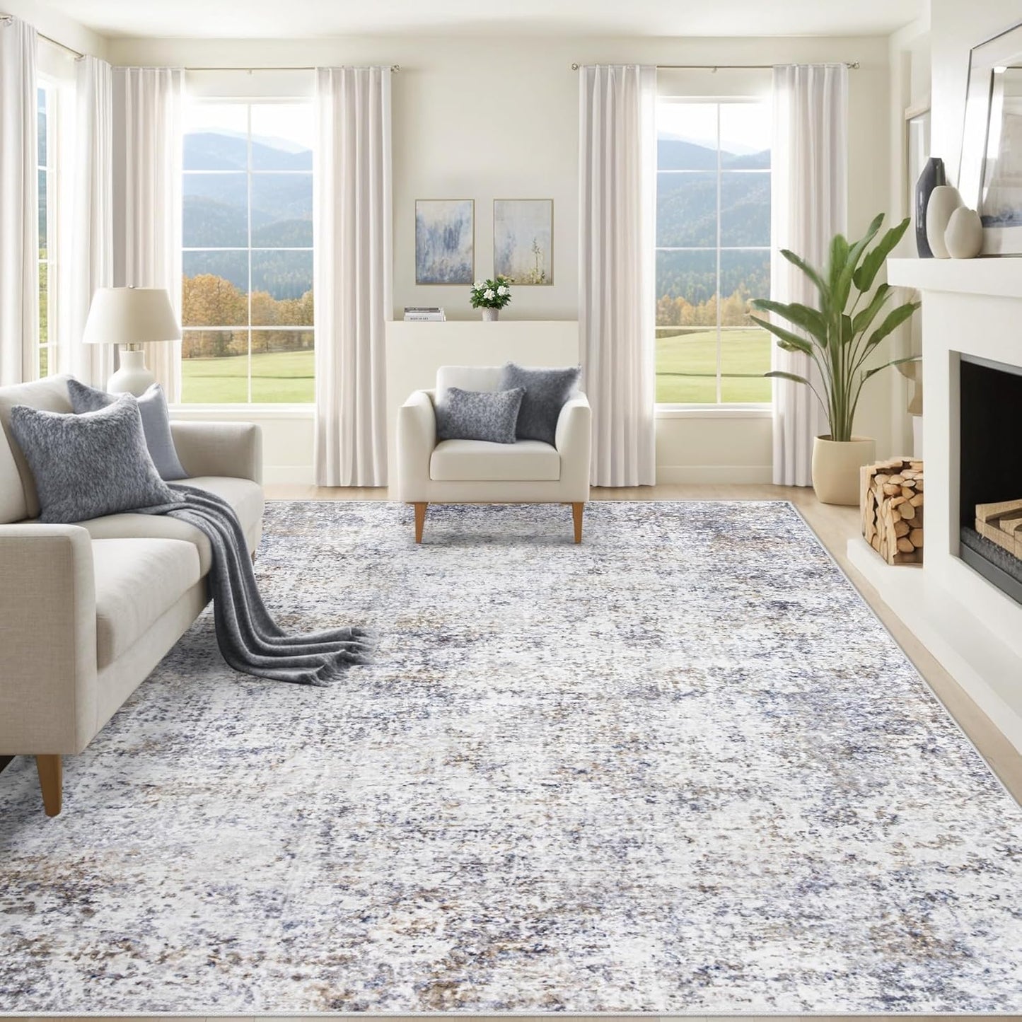 XLUEZ 8x10 Area Rugs for Living Room, Washable Modern Abstract Large Area Rug Neutral Soft Non Slip Kids Rug Stain Resistant Indoor Carpet for Bedroom Nursery Dining Children's Room(Blue, 8'x10')