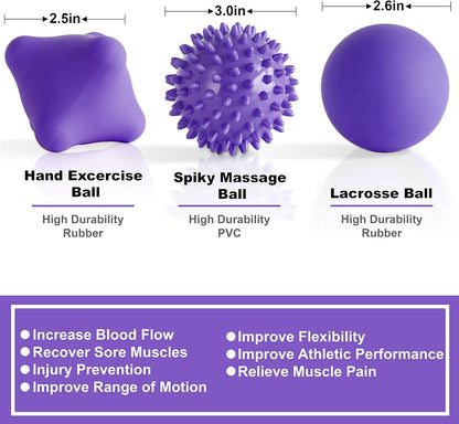 Posture Magic Massage Ball Kit for Myofascial Trigger Point Release & Deep Tissue Massage - Set of 6 - Large Foam/Small Foam/Lacrosse/Peanut/Spiky/Hand Exercise Ball (Purple)