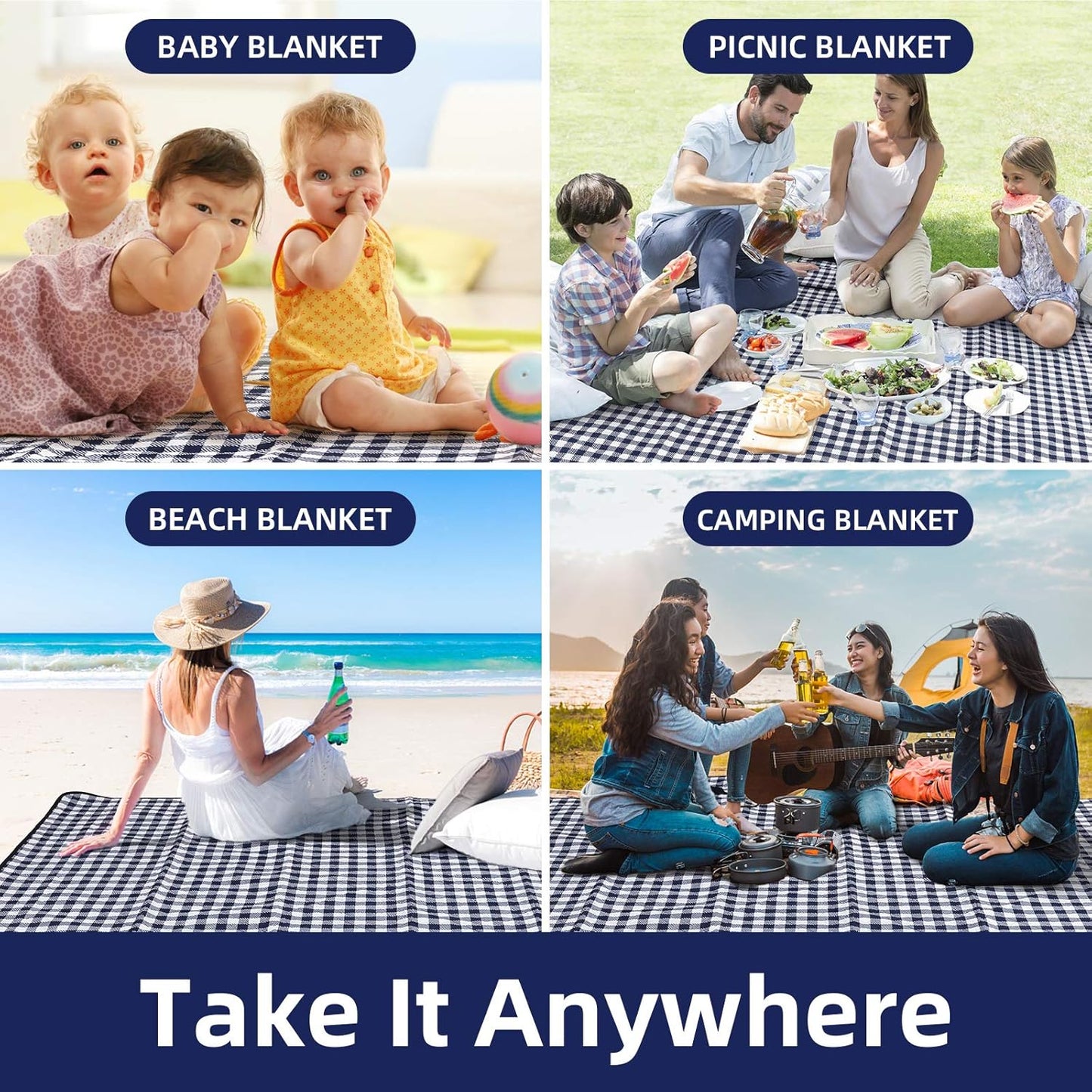 ZAZE Extra Large Picnic Outdoor Blanket, 80''x80'' Waterproof Foldable Blankets Gingham Picnic Mat for Beach, Camping Grass Lawn Park Accessories Cute Couple Gifts Ideas Wedding Registry(Green White)