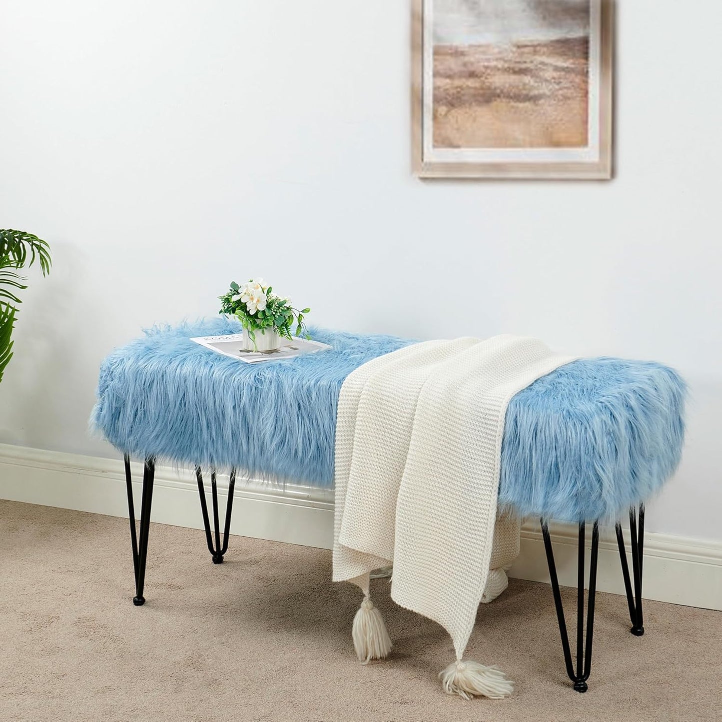 Home Soft Things Green Mongolian Faux Fur Ottoman, Desert Sage, 19'' x 13'' x 17'', Cozy Plush Fluffy Ottoman Foot Rest Stool for Living Room Bedroom Entryway Makeup Bench End of Bed Home Décor