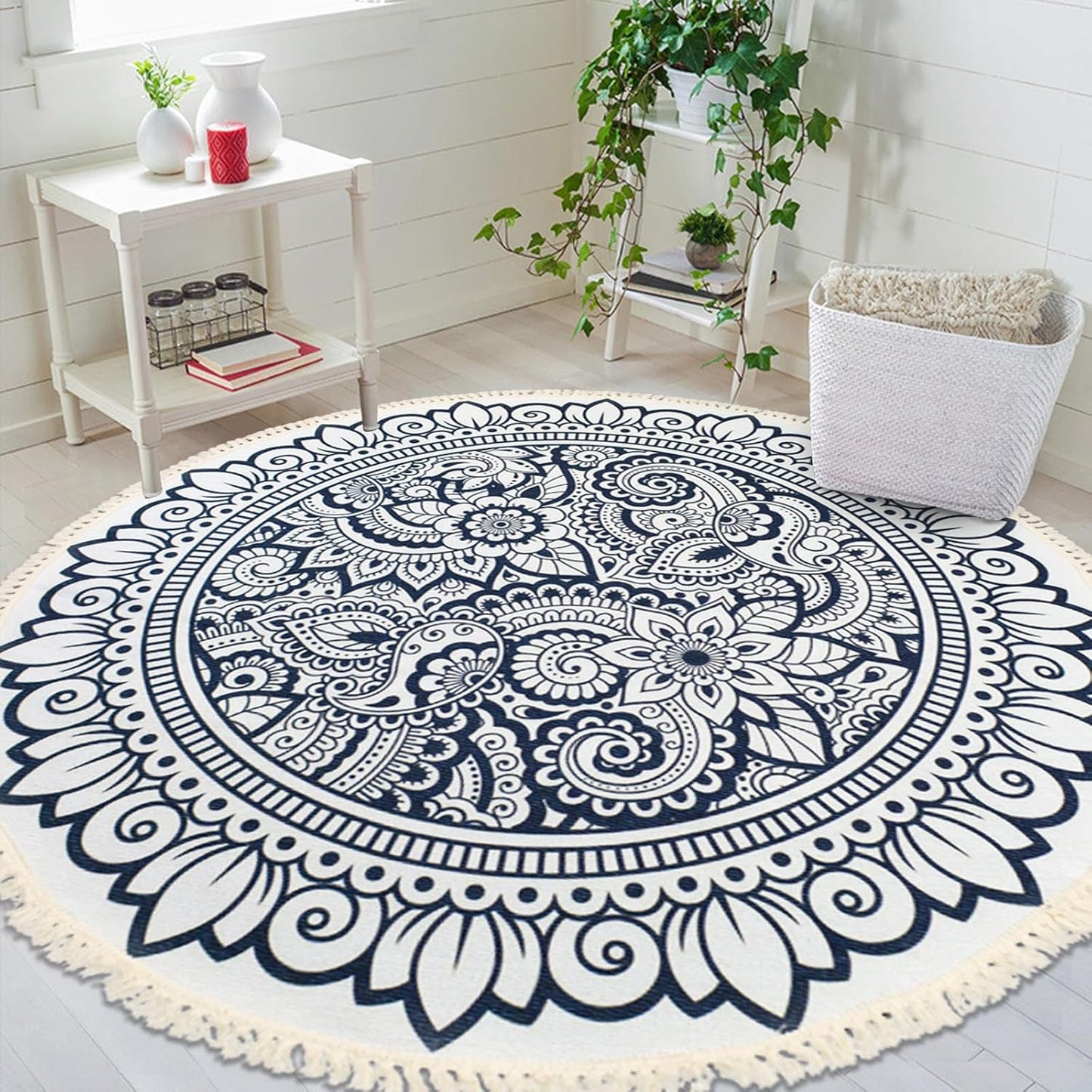 Boho Rug 5Ft Round Bedroom Carpet Circle Nonslip Farmhouse Area Rug Rustic Mandala Floor Mat for Living Room Locker Room Tassel Yoga Throw Rugs Washable Doormat, Purple