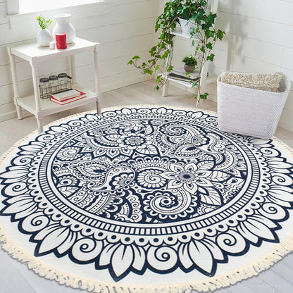 Boho Rug 5Ft Round Bedroom Carpet Circle Nonslip Farmhouse Area Rug Rustic Mandala Floor Mat for Living Room Locker Room Tassel Yoga Throw Rugs Washable Doormat, Purple