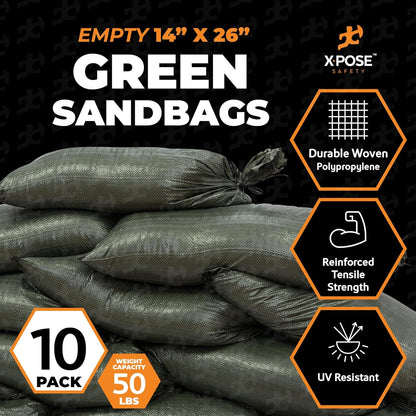 Xpose Safety Heavy Duty Sand Bags with Tie Strings – Empty Woven Polypropylene Sandbags for Hurricane Flood Protection, 50 lb Capacity, 14" x 26", White, Pack of 10