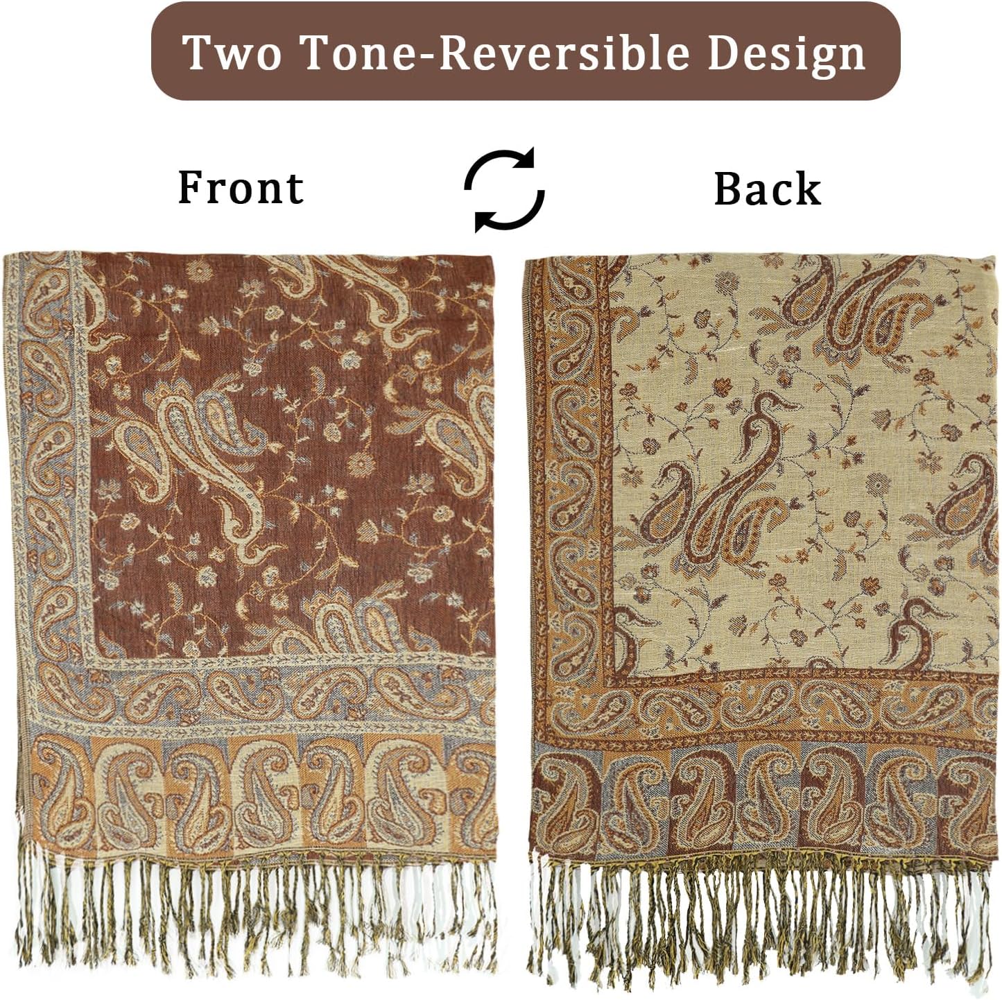 Ciormis Two Tone Silky Paisley Pashmina Shawl Scarf,Soft Women's Rave Jacquard Pashminas Wrap Scarves
