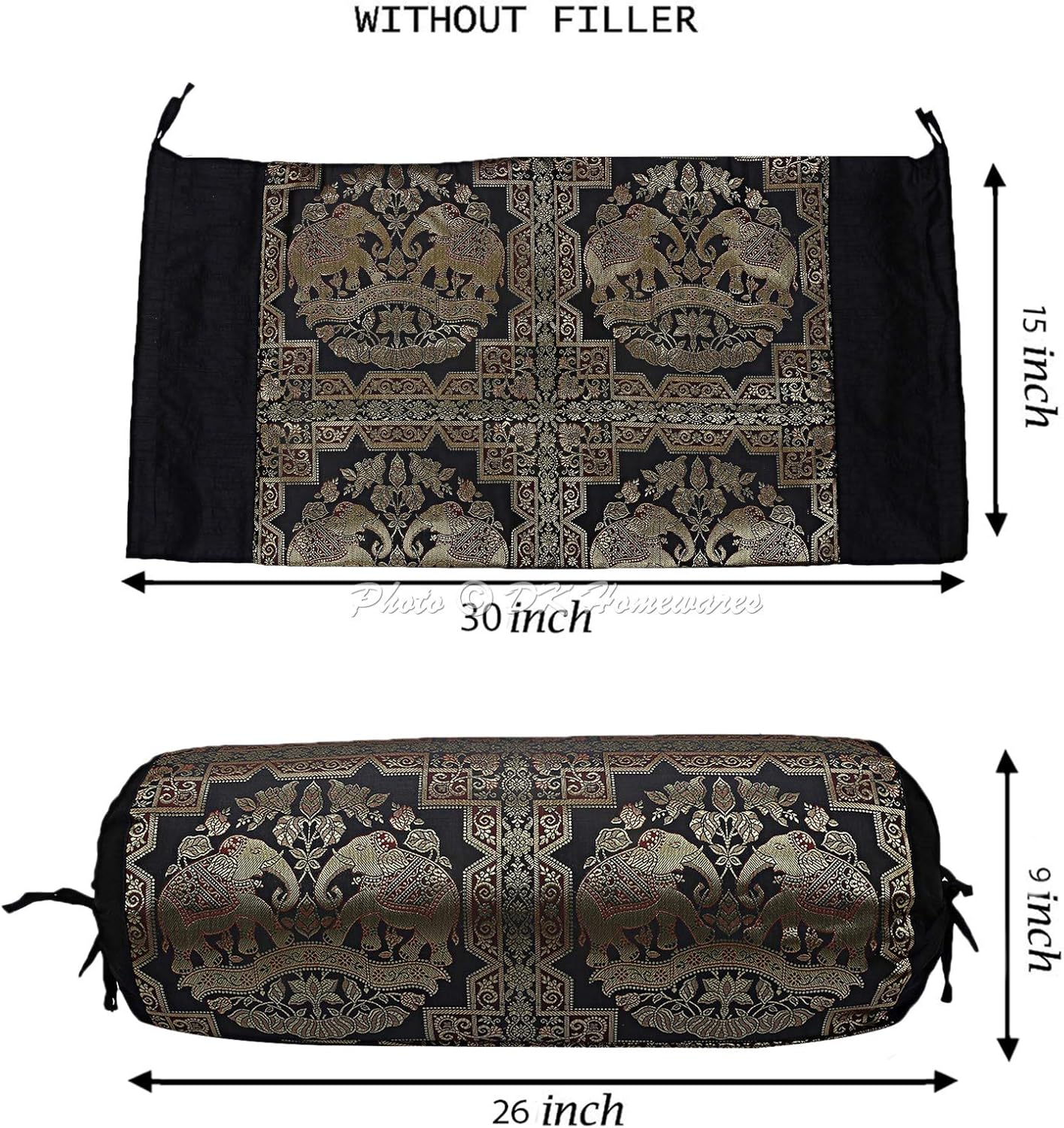 Indian Jacquard Brocade Silk Bolster Yoga Rectangle Pillow Cover Cylindrical Hotdog Black Tube Masand Home Decor Living Room Elephant Traditional Throw Cushion Cover 76x38 cm - 1 Pc