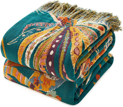 Boho Throw Blanket - 100% Cotton Soft Summer Throw Blanket for Bed, 50"x60" Reversible Breathable Lightweight Blankets, All Seasons Farmhouse Decor Floral Plant Butterfly Throw Quilt